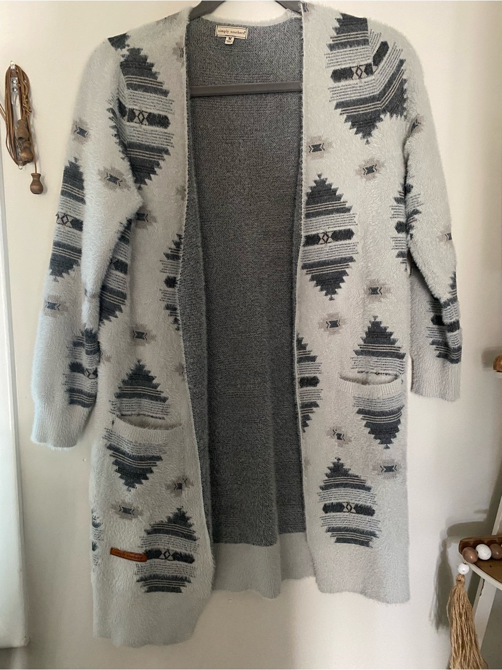 Simply Southern Light Gray and Charcoal Aztec Open-Front Cardigan